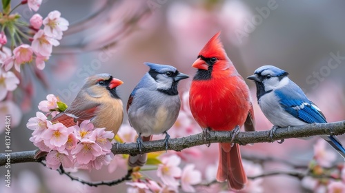 Colorful Birds on Cherry Blossom Branch.  A vibrant depiction featuring Northern Cardinals and Blue Jays perched on a delicate cherry blossom branch.