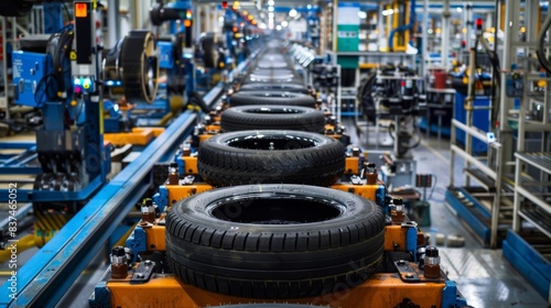 A modern tire manufacturing assembly line, emphasizing precision and automation in industrial production. photo