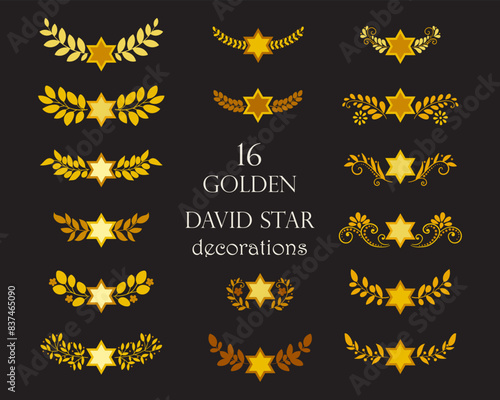 Set of golden star of David cliparts with floral decor