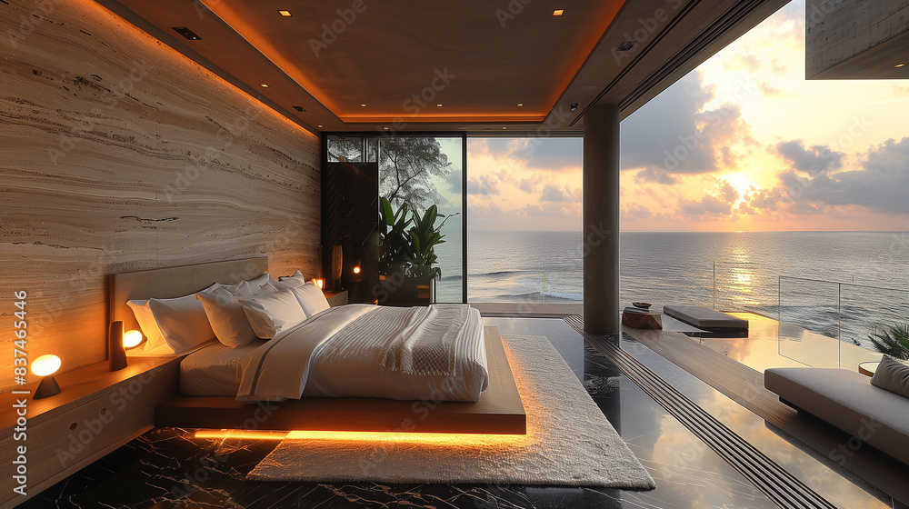 custom made wallpaper toronto digitalModern style minimalist Bedroom interior design idea. Ocean view Hotel bedroom interior material brainstorming and warm comfortable place.