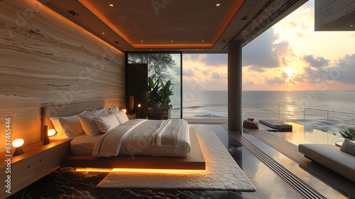 Wallpaper Mural Modern style minimalist Bedroom interior design idea. Ocean view Hotel bedroom interior material brainstorming and warm comfortable place. Torontodigital.ca