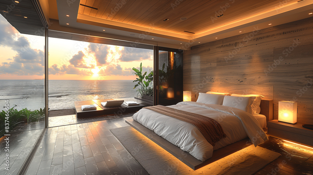 Fototapeta premium Modern style minimalist Bedroom interior design idea. Ocean view Hotel bedroom interior material brainstorming and warm comfortable place.