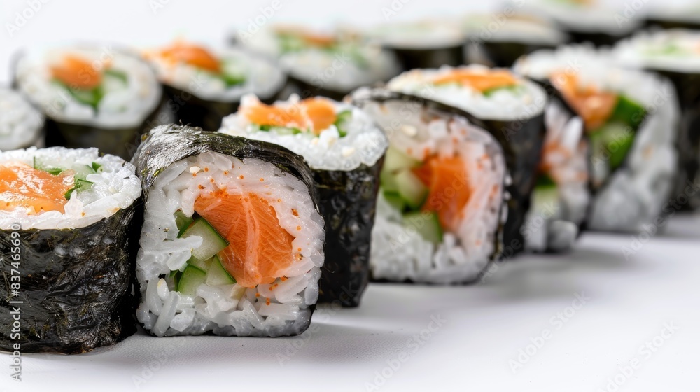 Delicious Gourmet Sushi Selection on White Background. Indulge in the rich flavors of gourmet sushi, featuring fresh salmon, avocado, and cucumber, beautifully arranged on a pristine white background. Delicious Gourmet Sushi Selection on White Background. Indulge in the rich flavors of gourmet sushi, featuring fresh salmon, avocado, and cucumber, beautifully arranged on a pristine white background.