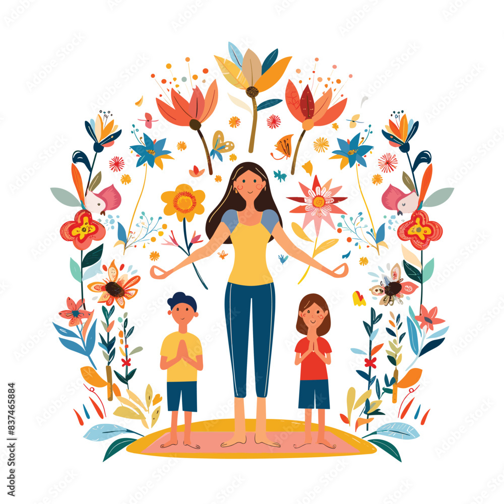 Mother surrounded children embraced nature, flourishing flowers, nurturing family love. Young boy girl smiling serene joy, maternal care amidst botanical beauty, familial bonds celebrated. Vibrant Mother surrounded children embraced nature, flourishing flowers, nurturing family love. Young boy girl smiling serene joy, maternal care amidst botanical beauty, familial bonds celebrated. Vibrant