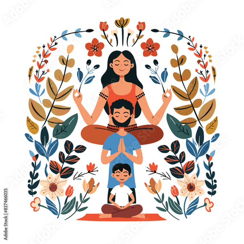 Family practicing yoga together surrounded floral elements. Mother, son younger child meditating peacefully, mother open eyes smile, children prayer pose. Serene yoga scene, colorful botanical
