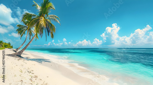 Sunny tropical Caribbean beach with palm trees and turquoise water with copy space for text
