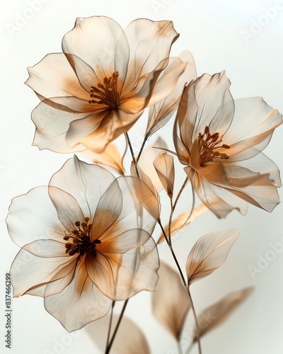 Elegant, translucent flowers in soft sepia tones capture the delicate beauty of nature and the ethereal allure of simplicity.