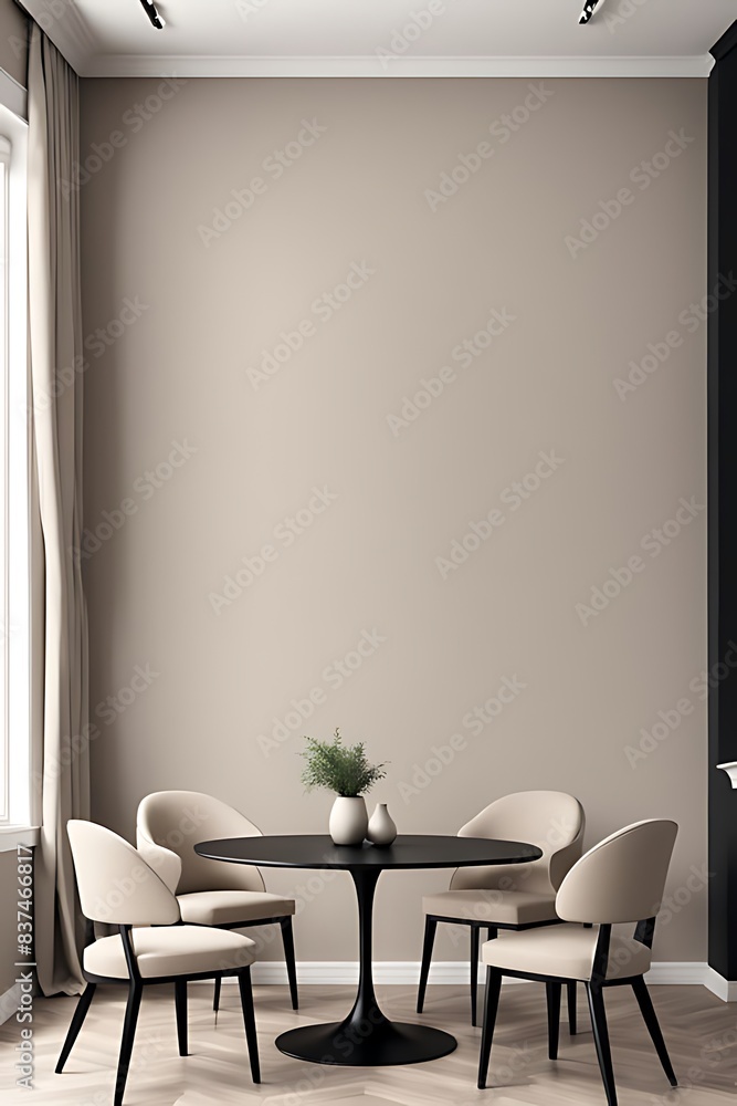 Dining Lounge Room with 4 Chairs and Round Black Table. Beige and Ivory. Dining Lounge Room with 4 Chairs and Round Black Table. Beige and Ivory.