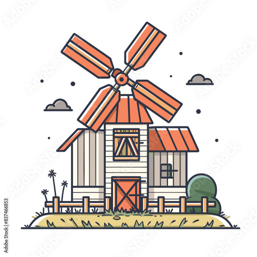 Detailed illustration orange white windmill set against clear sky, surrounded plants fence. Traditional Europeanstyle windmill featuring large blades quaint farm design, perfect agricultural themes