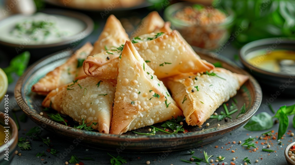 Delicious Crispy Samosas on Plate. A plate filled with freshly fried samosas garnished with herbs, a popular and tasty snack option. Delicious Crispy Samosas on Plate. A plate filled with freshly fried samosas garnished with herbs, a popular and tasty snack option.
