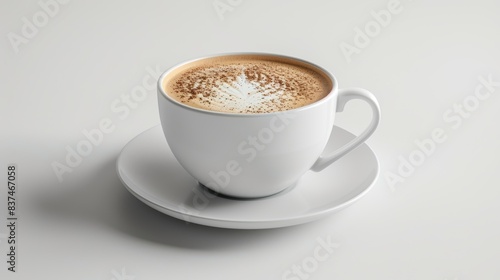 Artistic Cappuccino in a White Cup. An artistically presented cappuccino in a white cup, showcasing a detailed foam art topping.