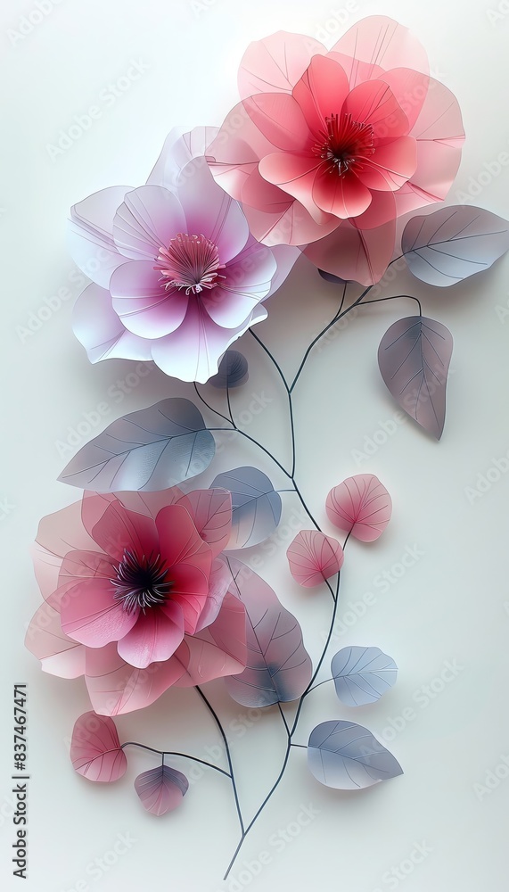 Fototapeta premium Delicate pastel flowers and leaves on a white background, showcasing a beautiful gradient of soft pinks and purples.