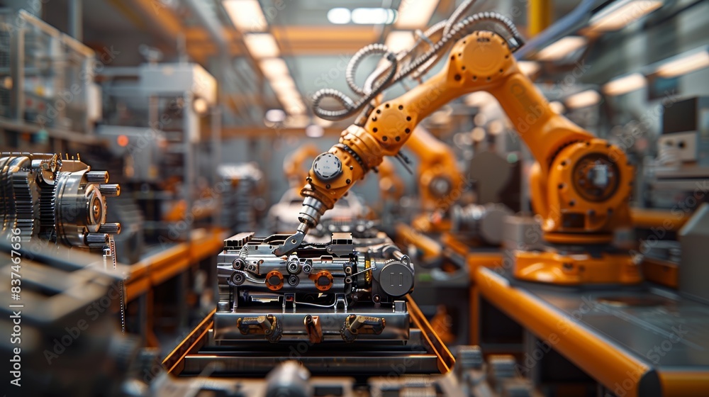Advanced Industrial Automation in Factory. A detailed view of industrial automation with robotic arms actively assembling machinery, representing modern manufacturing technology. Advanced Industrial Automation in Factory. A detailed view of industrial automation with robotic arms actively assembling machinery, representing modern manufacturing technology.