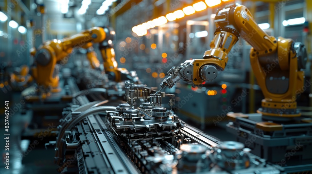 Advanced Industrial Automation in Factory. A detailed view of industrial automation with robotic arms actively assembling machinery, representing modern manufacturing technology. Advanced Industrial Automation in Factory. A detailed view of industrial automation with robotic arms actively assembling machinery, representing modern manufacturing technology.