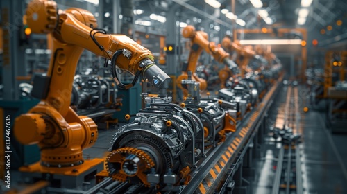 Advanced Industrial Automation in Factory. A detailed view of industrial automation with robotic arms actively assembling machinery, representing modern manufacturing technology. © sadewotito