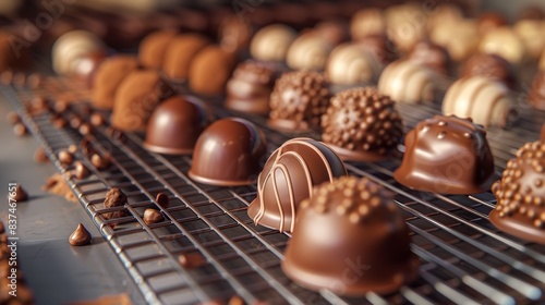 Chocolate Candies on a Production Conveyor Belt. A detailed look at a chocolate factory's production line showing various types of chocolates moving on a conveyor belt, illustrating mass production photo