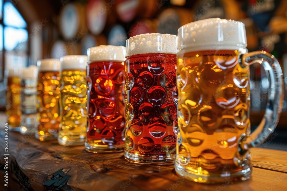 A vibrant lineup of large beer mugs filled with different kinds of beer on a wooden bar counter in a cozy pub setting. A vibrant lineup of large beer mugs filled with different kinds of beer on a wooden bar counter in a cozy pub setting.