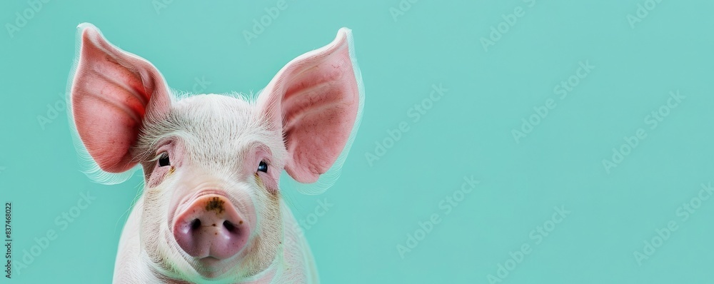 custom made wallpaper toronto digitalClose-up of a cute piglet with big pink ears and a cheerful expression against a turquoise background.