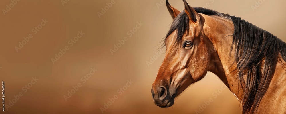 Obraz premium Close-up of a majestic brown horse with a calm expression against a soft, warm background. Perfect for equine or animal-themed projects.
