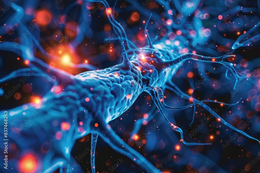 Close-up view of neural network connections in the brain, showcasing glowing synapses and intricate details in vibrant colors. Close-up view of neural network connections in the brain, showcasing glowing synapses and intricate details in vibrant colors.