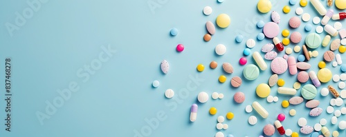 Colorful assortment of various pills and capsules spread across a light blue background with space for text or design. photo