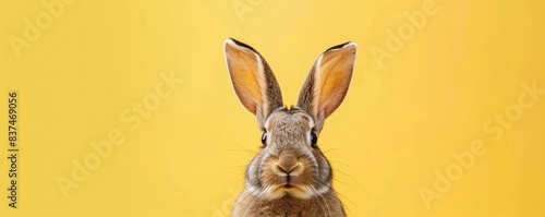 Portrait of a cute rabbit against a bright yellow background, showcasing its curious expression and long ears in a minimalist style.