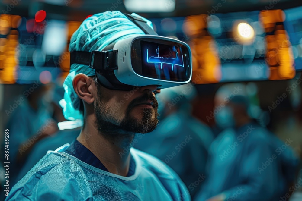 Surgeon wears VR headset during a medical procedure, utilizing advanced technology in a modern operating room for training and simulation purposes. Surgeon wears VR headset during a medical procedure, utilizing advanced technology in a modern operating room for training and simulation purposes.