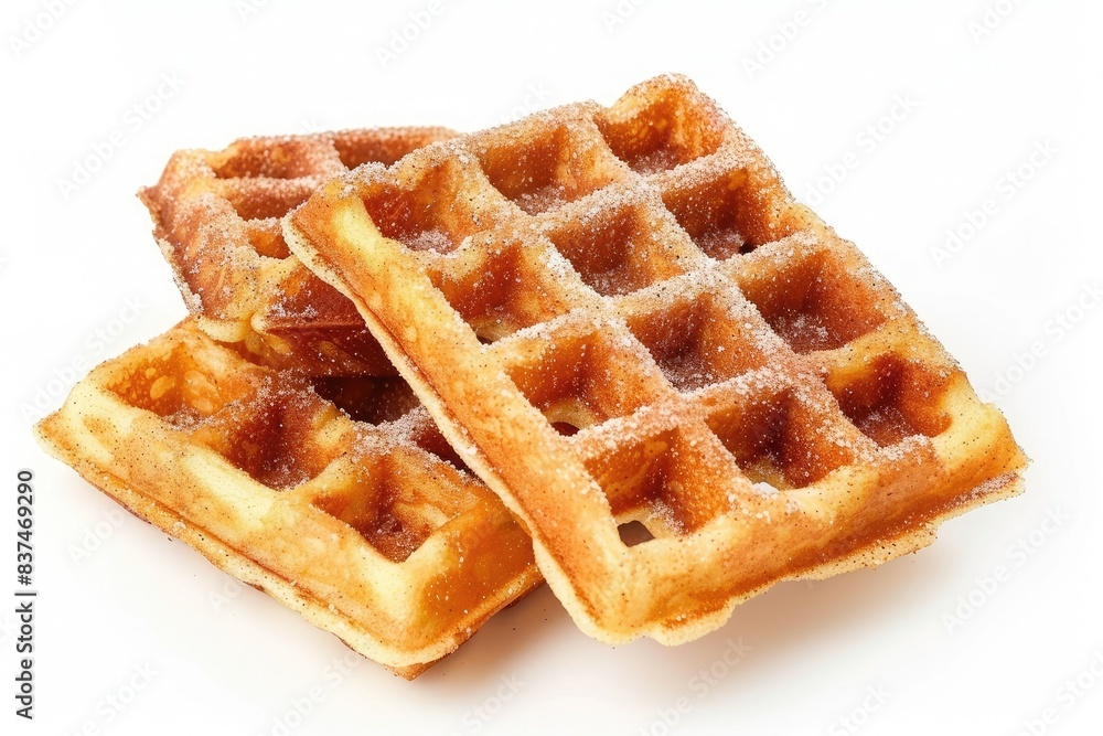 Three delicious golden-brown waffles, lightly dusted with sugar, perfect for a breakfast or dessert treat against a white background. Three delicious golden-brown waffles, lightly dusted with sugar, perfect for a breakfast or dessert treat against a white background.