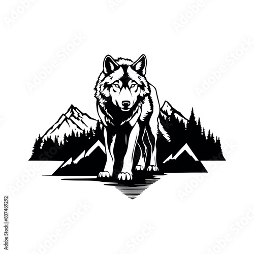 Fantastic wolf, forest, mountains double black and white composition
