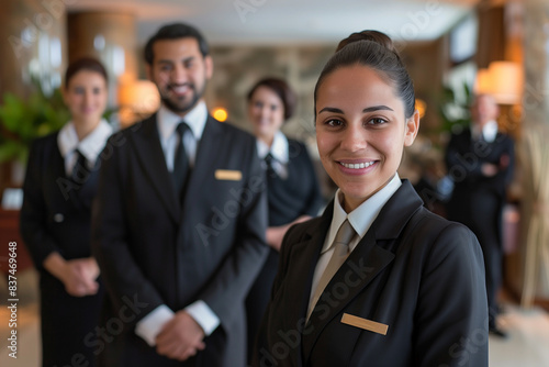 Photography of Portugal team of professional workers in a modern hotel.	
