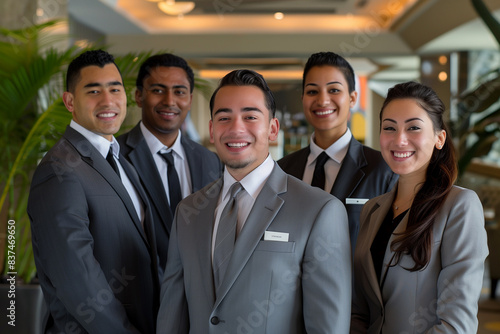 Photography of USA team of professional workers in a modern hotel.	
