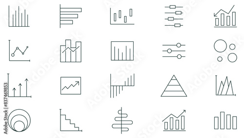Growing bar graph line icon set. Business graphs and charts icons, line charts, finance report, income growth, economy statistic, gantt diagram, infographic, bar charts, pie charts.