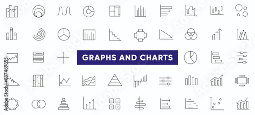 Growing bar graph line icon set. Business graphs and charts icons, line charts, finance report, income growth, economy statistic, gantt diagram, infographic, bar charts, pie charts.