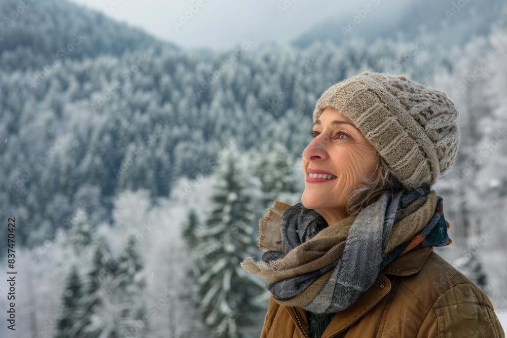 Elderly woman happy in snowy forest, wearing hat and scarf, smiling at beautiful outdoor scene Elderly woman happy in snowy forest, wearing hat and scarf, smiling at beautiful outdoor scene