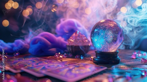 fortune telling ball, tarot cards on the table with crystals and smoke . Blurred background. purple and blue colors photo