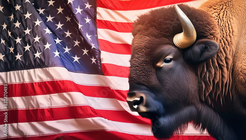 American bison head on wavy United States of America flag. Majestic brown buffalo bull in front of USA country cloth fabric. 4th of July, independence day celebration and patriotism concept. 