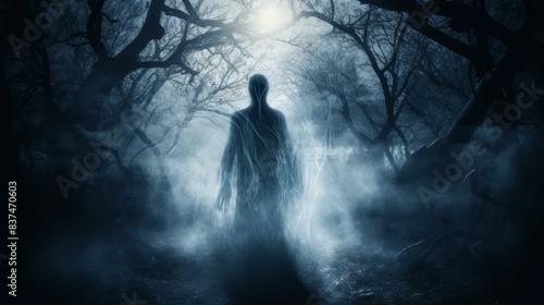 Encounter a spooky ghostly figure in a highquality background, a supernatural entity with eerie manifestation for a spectral encounter. photo