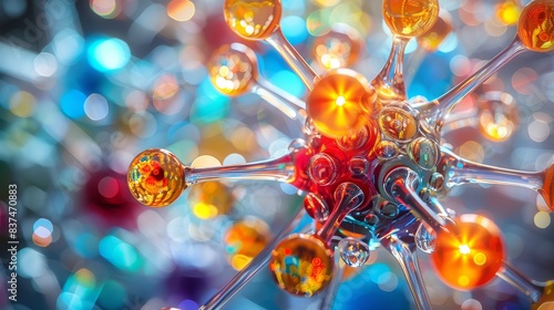 Colorful and intricate glass molecular model  depicting a complex scientific concept  with each atom shining brightly