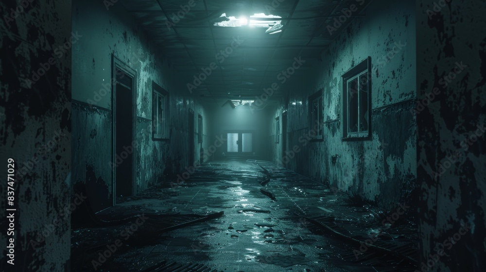 Fototapeta premium Creepy hospital corridor shrouded in darkness, shattered windows letting in moonlight, unsettling atmosphere, cold and desolate