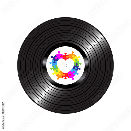 Long play vinyl record with colorful heart puzzle in the middle. Vector isolated on white background.	