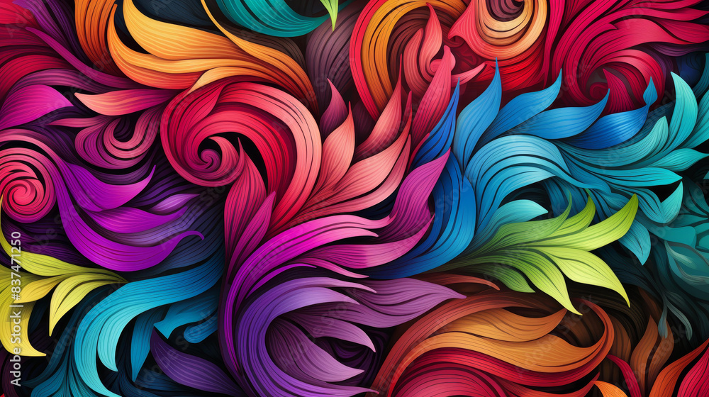 Fototapeta premium Vibrant flat illustrations with detailed textures and seamless patterns in an artistic scrollwork composition.