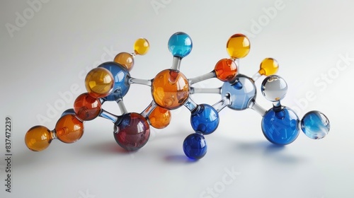 Elegant glass molecular model with colorful atoms and bonds, illustrating the beauty of scientific concepts in a radiant display