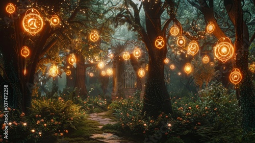 Enchanted garden adorned with alchemical symbols that seem to dance in the light  glowing plants and mythical creatures hidden among the foliage