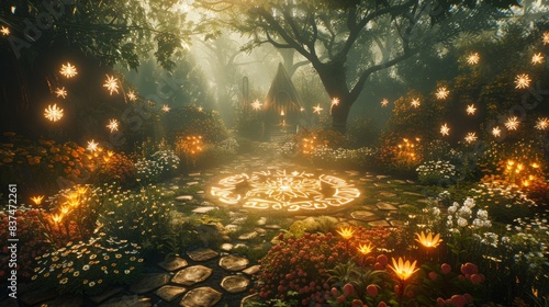 Enchanted garden adorned with alchemical symbols that seem to dance in the light  glowing plants and mythical creatures hidden among the foliage