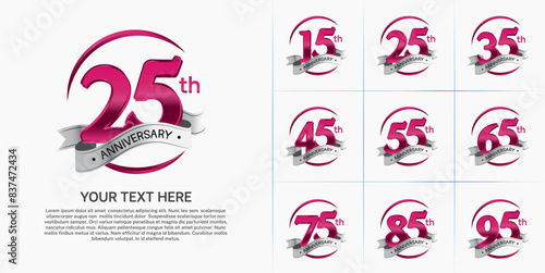 anniversary logotype set vector, red color and silver ribbon for special day celebration photo