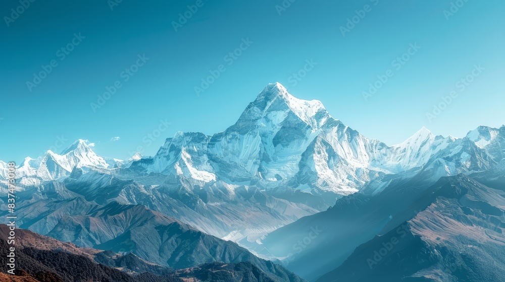 Obraz premium Snow-capped mountains with clear sky, cool tones, majestic landscape, copy space