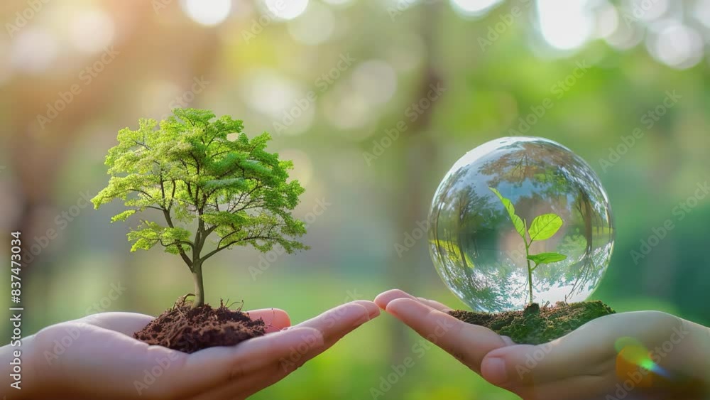 two hand holding glass globe ball with tree growing and green nature ...