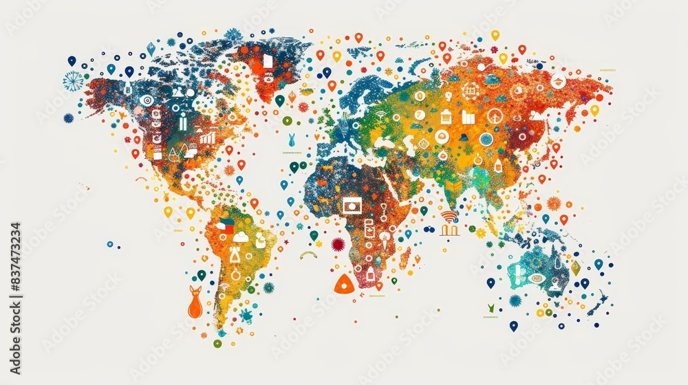 Global map displaying Sustainable Development Goals, with each goal represented by distinct, vivid symbols and data points Global map displaying Sustainable Development Goals, with each goal represented by distinct, vivid symbols and data points