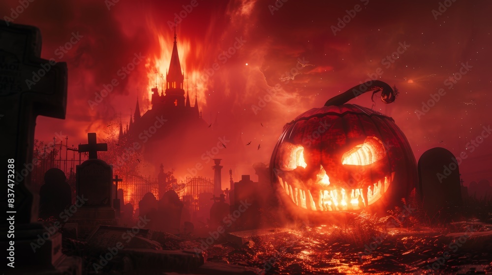 Fototapeta premium Enormous glowing pumpkin in a misty graveyard, a dark, formidable starry blood-red sky casting eerie light on tombstones