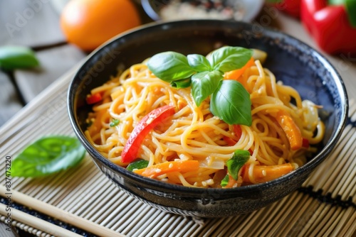 Bowl of coconut curry noodles  plant-based eating meal  food background 